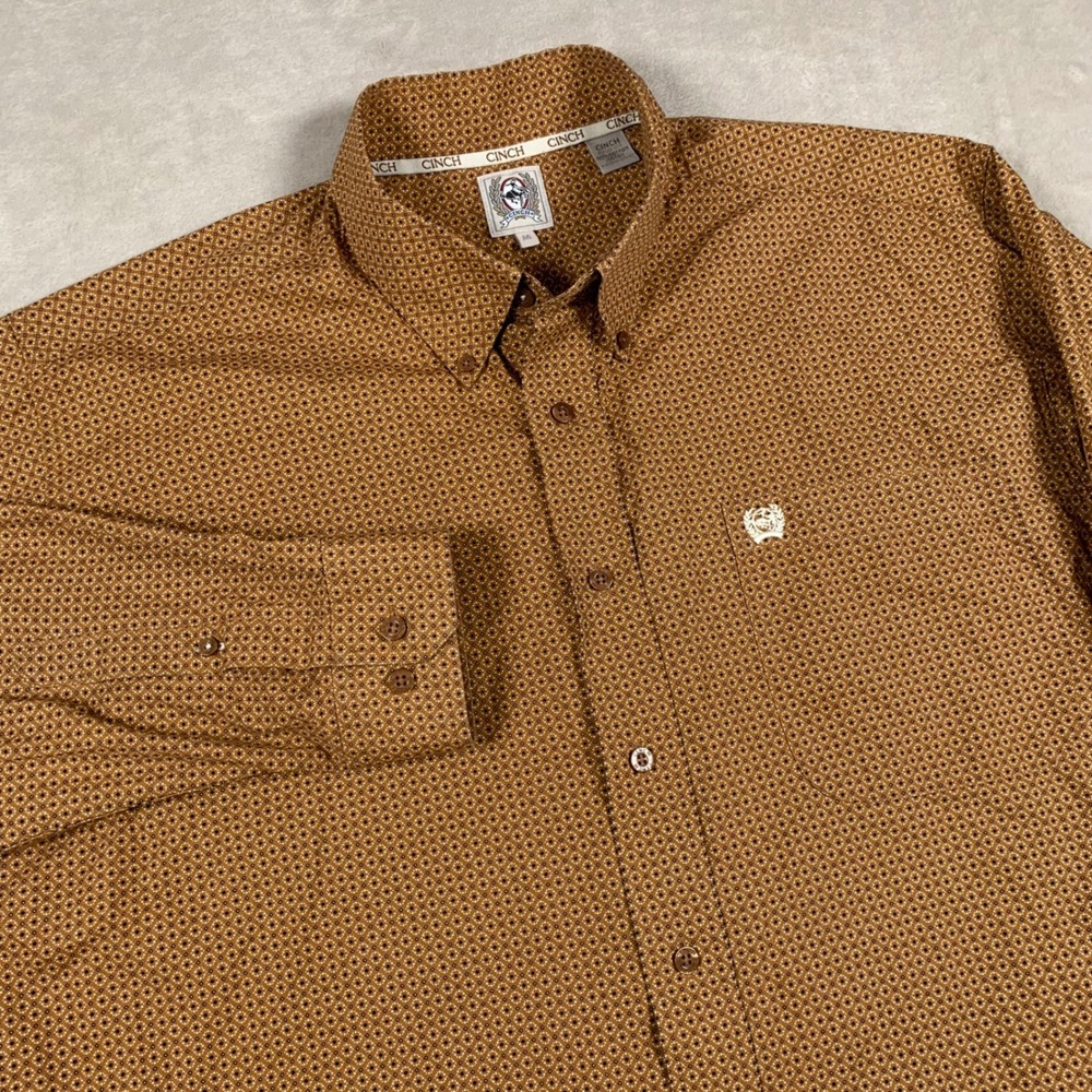 Cinch Button Down Shirt Mens Medium Brown Geometric Diamond Western Long Sleeve